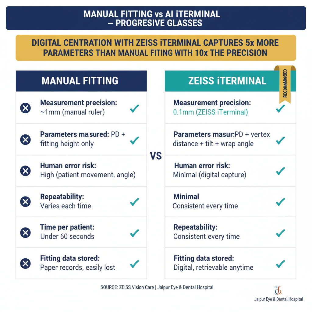 Manual Fitting vs AI ZEISS iTerminal comparison table showing precision, parameters, error risk, and time