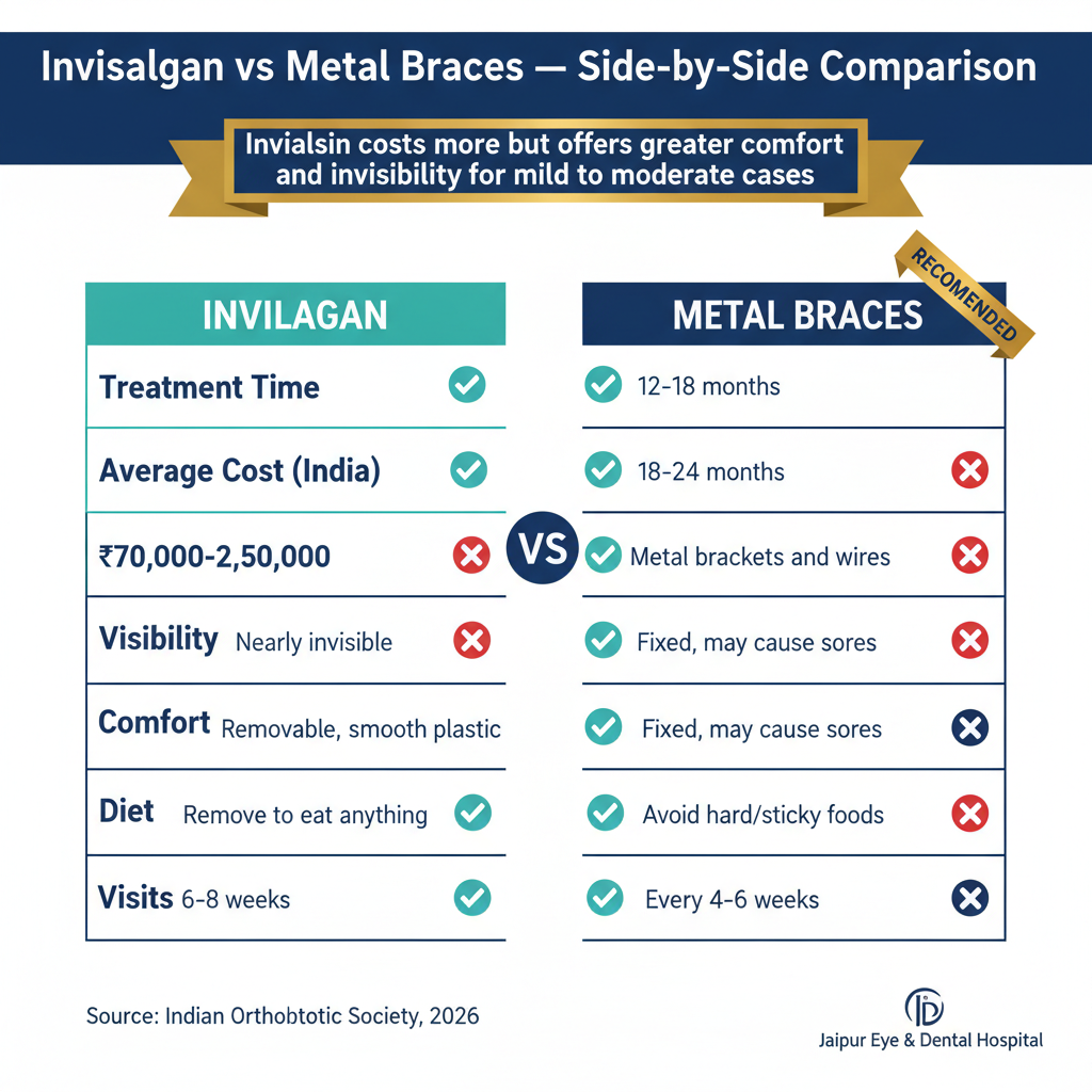 Invisalign vs Metal Braces comparison table covering cost, treatment time, visibility, comfort, diet, and visits