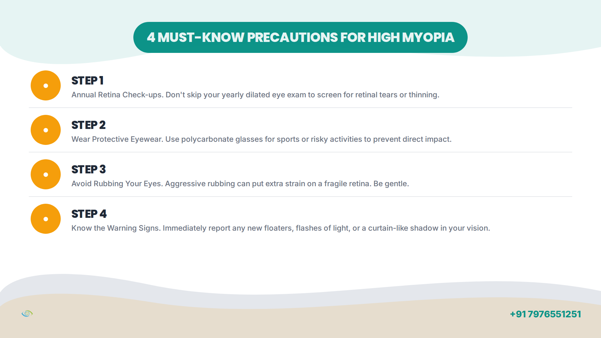 An infographic showing four key precautions for patients with high myopia, including annual retina checks, wearing protective eyewear, avoiding eye rubbing, and knowing the warning signs of retinal detachment.