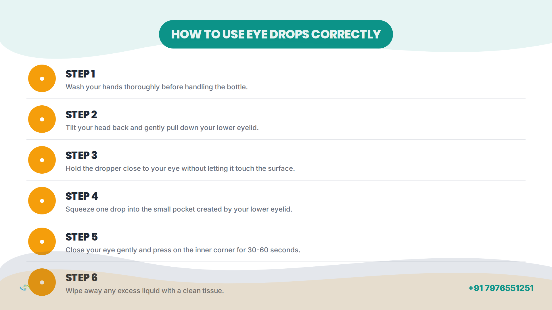 Infographic showing the 6 steps to correctly apply eye drops.