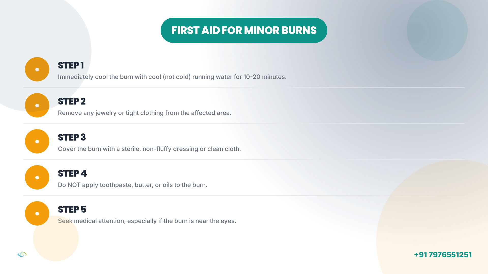 Step-by-step guide for correct first aid for minor burns.