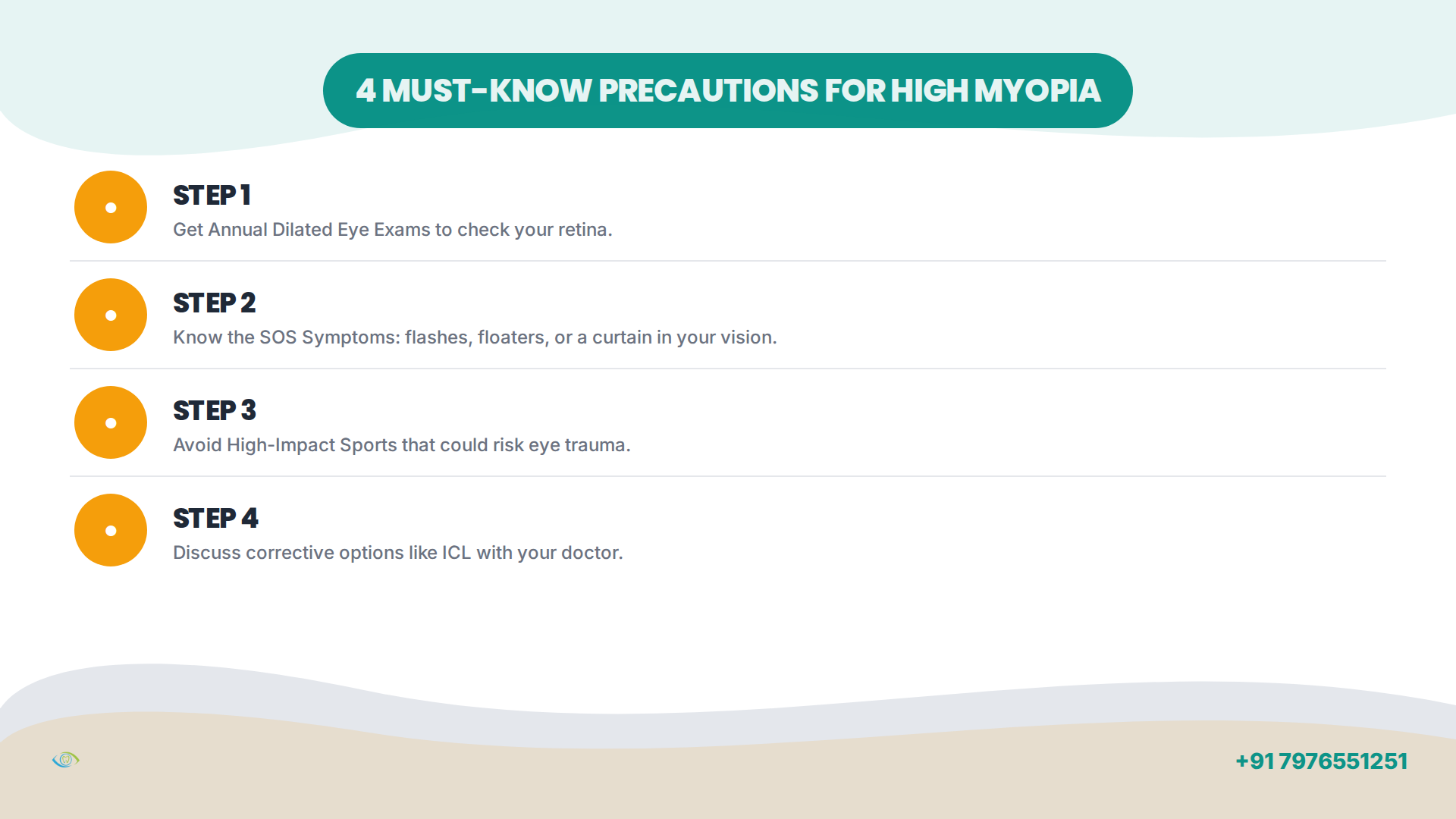 An infographic showing 4 precautions for high myopia: annual eye exams, knowing SOS symptoms, avoiding high-impact sports, and discussing corrective options.